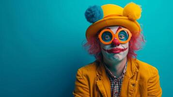 AI generated minimalist vivid advertisment background with handsome clown and copy space photo
