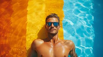 AI generated minimalist vivid advertisment background with handsome swimmer and copy space photo