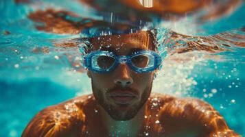 AI generated minimalist vivid advertisment background with handsome swimmer and copy space photo