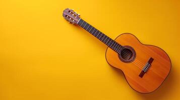 AI generated minimalist vivid advertisment background with handsome guitar musucian and copy space photo