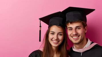 AI generated minimalist vivid advertisment background with handsome couple in graduation cap and copy space photo