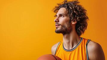 AI generated minimalist vivid advertisment background with handsome basketball player and copy space photo