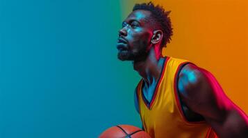 AI generated minimalist vivid advertisment background with handsome basketball player and copy space photo