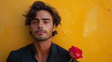 ai generado minimalista vívido Anuncio antecedentes con hermoso hombre con Rosa y Copiar espacio foto