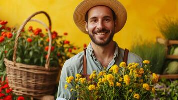 AI generated minimalist vivid advertisment background with handsome gardener and copy space photo