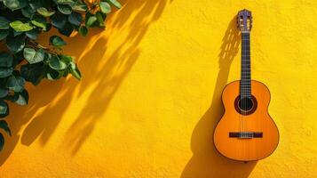 ai generado minimalista vívido Anuncio antecedentes con hermoso guitarra musuciano y Copiar espacio foto