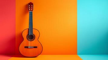 AI generated minimalist vivid advertisment background with handsome guitar musucian and copy space photo