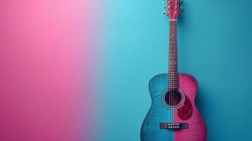 AI generated minimalist vivid advertisment background with handsome guitar musucian and copy space photo