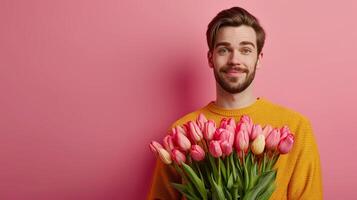 AI generated minimalist vivid advertisment background with handsome man with large tulip bouquet and copy space photo