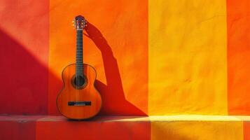 AI generated minimalist vivid advertisment background with handsome guitar musucian and copy space photo