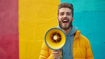 AI generated minimalist vivid advertisment background with handsome man with megaphone and copy space photo