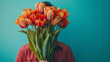 AI generated minimalist vivid advertisment background with handsome man with large tulip bouquet and copy space photo