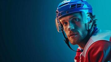 AI generated minimalist vivid advertisment background with handsome hockey player and copy space photo