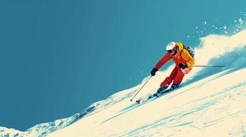 AI generated minimalist vivid advertisment background with handsome skier and copy space photo