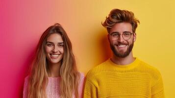 AI generated minimalist vivid advertisment background with handsome couple and copy space photo