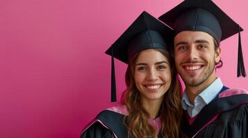 AI generated minimalist vivid advertisment background with handsome couple in graduation cap and copy space photo