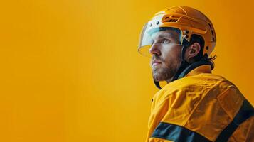 AI generated minimalist vivid advertisment background with handsome hockey player and copy space photo