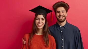 AI generated minimalist vivid advertisment background with handsome couple in graduation cap and copy space photo