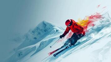 AI generated minimalist vivid advertisment background with handsome skier and copy space photo