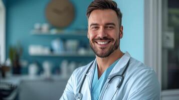 AI generated minimalist vivid advertisment background with handsome dentist and copy space photo