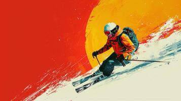 AI generated minimalist vivid advertisment background with handsome skier and copy space photo