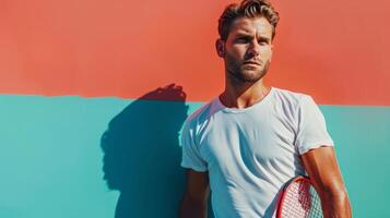 AI generated minimalist vivid advertisment background with handsome tennis player and copy space photo