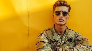 AI generated minimalist vivid advertisment background with handsome military and copy space photo