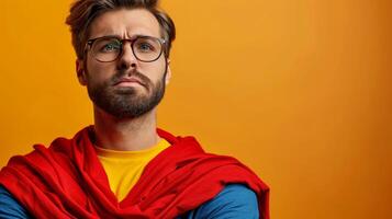 AI generated minimalist vivid advertisment background with handsome suprhero and copy space photo
