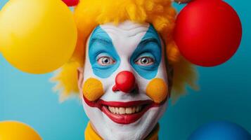 AI generated minimalist vivid advertisment background with handsome clown and copy space photo