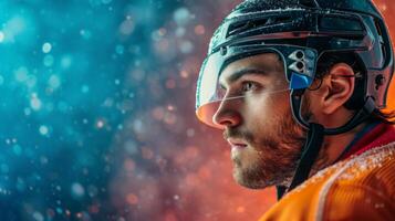 AI generated minimalist vivid advertisment background with handsome hockey player and copy space photo