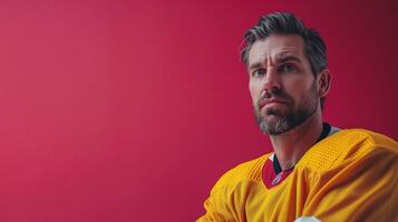 AI generated minimalist vivid advertisment background with handsome hockey player and copy space photo