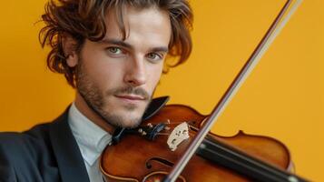 AI generated minimalist vivid advertisment background with handsome violinist and copy space photo