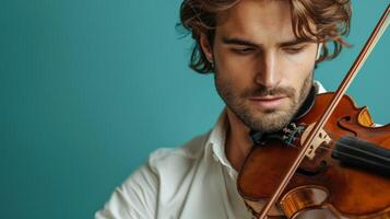 AI generated minimalist vivid advertisment background with handsome violinist and copy space photo