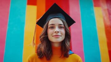 AI generated minimalist vivid advertisment background with handsome woman in graduation cap and copy space photo