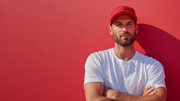AI generated minimalist vivid advertisment background with handsome baseball player and copy space photo