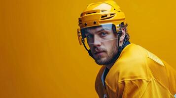 AI generated minimalist vivid advertisment background with handsome hockey player and copy space photo