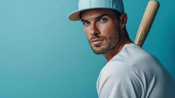 AI generated minimalist vivid advertisment background with handsome baseball player and copy space photo