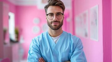 AI generated minimalist vivid advertisment background with handsome dentist and copy space photo