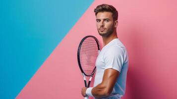 AI generated minimalist vivid advertisment background with handsome tennis player and copy space photo