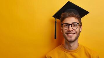 AI generated minimalist vivid advertisment background with handsome man in graduation cap and copy space photo