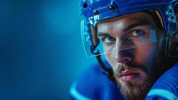 AI generated minimalist vivid advertisment background with handsome hockey player and copy space photo