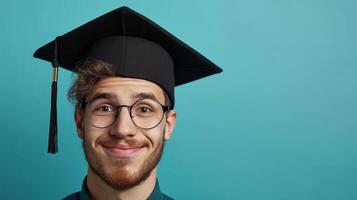 AI generated minimalist vivid advertisment background with handsome man in graduation cap and copy space photo