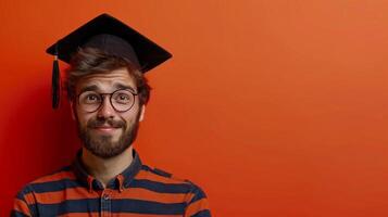 AI generated minimalist vivid advertisment background with handsome man in graduation cap and copy space photo