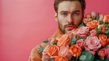 AI generated minimalist vivid advertisment background with handsome man with large rose bouquet and copy space photo