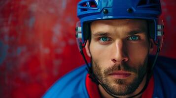 AI generated minimalist vivid advertisment background with handsome hockey player and copy space photo