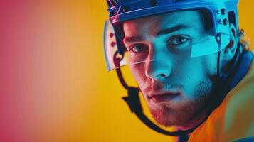 AI generated minimalist vivid advertisment background with handsome hockey player and copy space photo