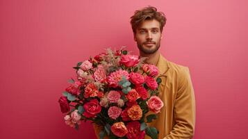 AI generated minimalist vivid advertisment background with handsome man with large rose bouquet and copy space photo