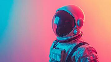 AI generated minimalist vivid advertisment background with handsome astronaut and copy space photo