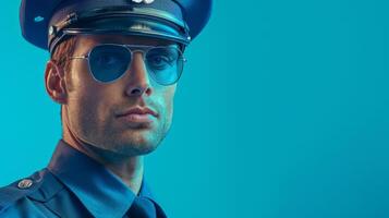 AI generated minimalist vivid advertisment background with handsome police man and copy space photo