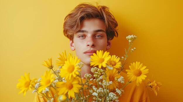 AI generated minimalist vivid advertisment background with handsome man with chamomile bouquet and copy space photo